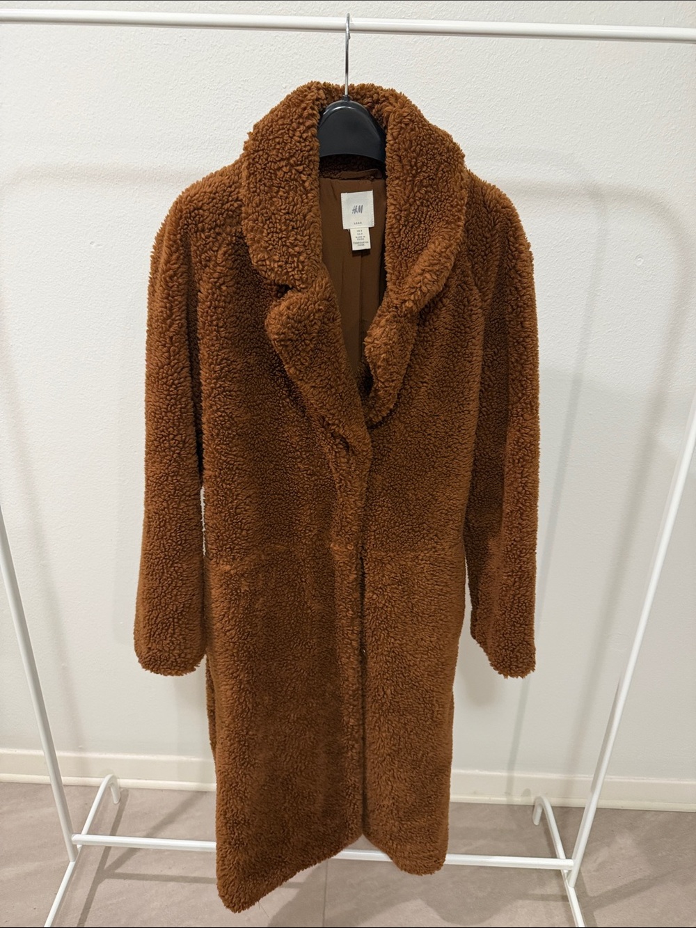 H&M Teddy Faux Shearling Long Coat in Chestnut Brown